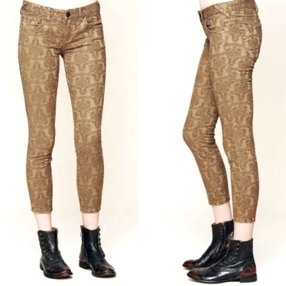 Free People Tan Jacquard Textured Floral Skinny Jeans Size 25